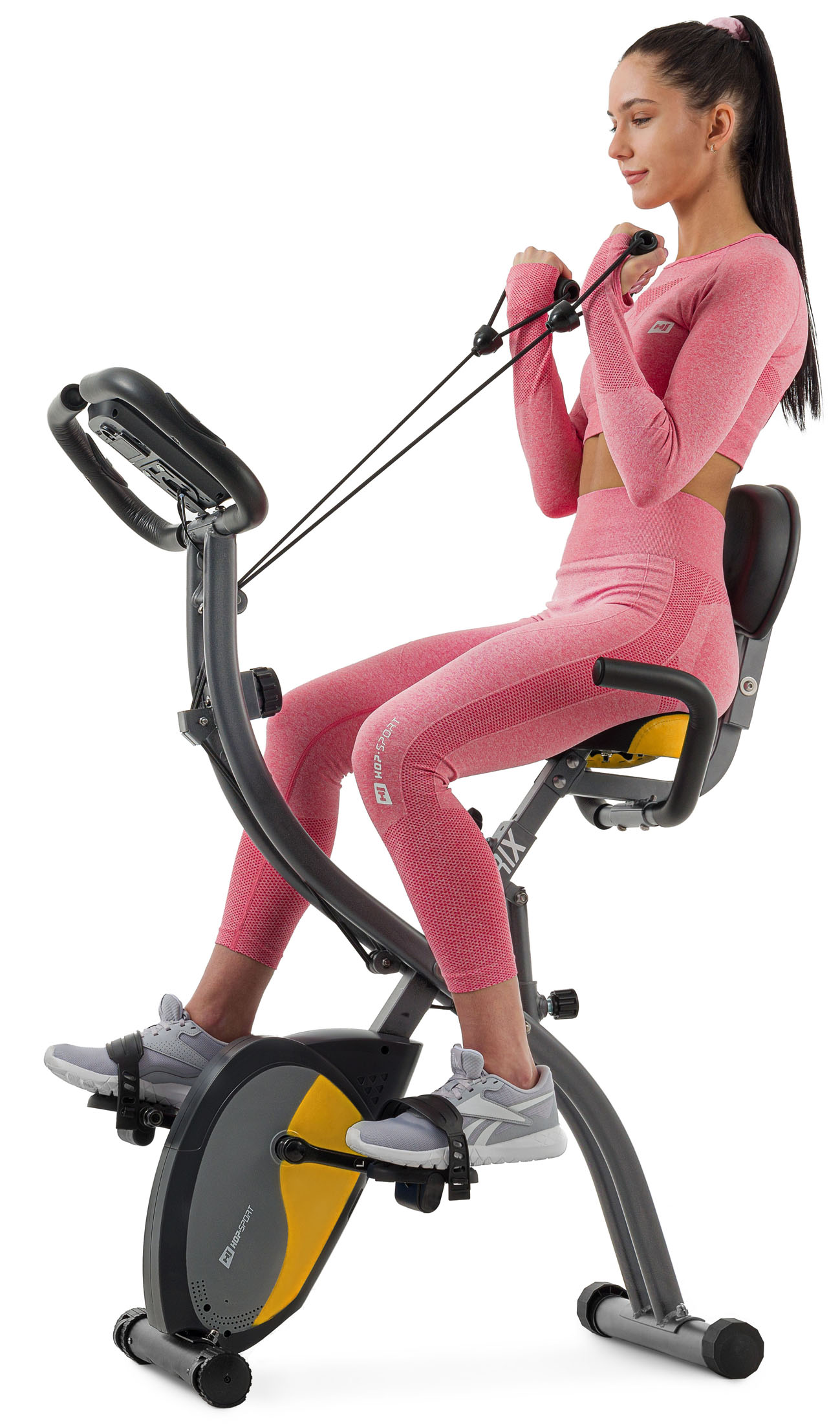 Велотренажер магнітний Hop-Sport HS-3010X Grix X-Bike з еспандерами сіро-жовтий — фото 2