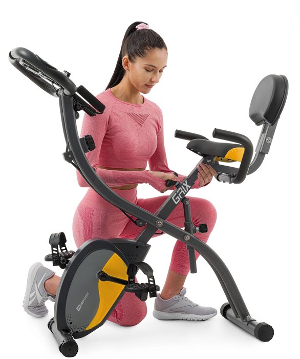 Велотренажер магнітний Hop-Sport HS-3010X Grix X-Bike з еспандерами сіро-жовтий — фото 5