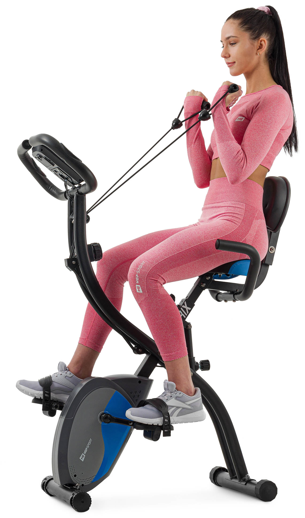 Велотренажер магнітний Hop-Sport HS-3010X Grix X-Bike з еспандерами чорно-синій — фото 2