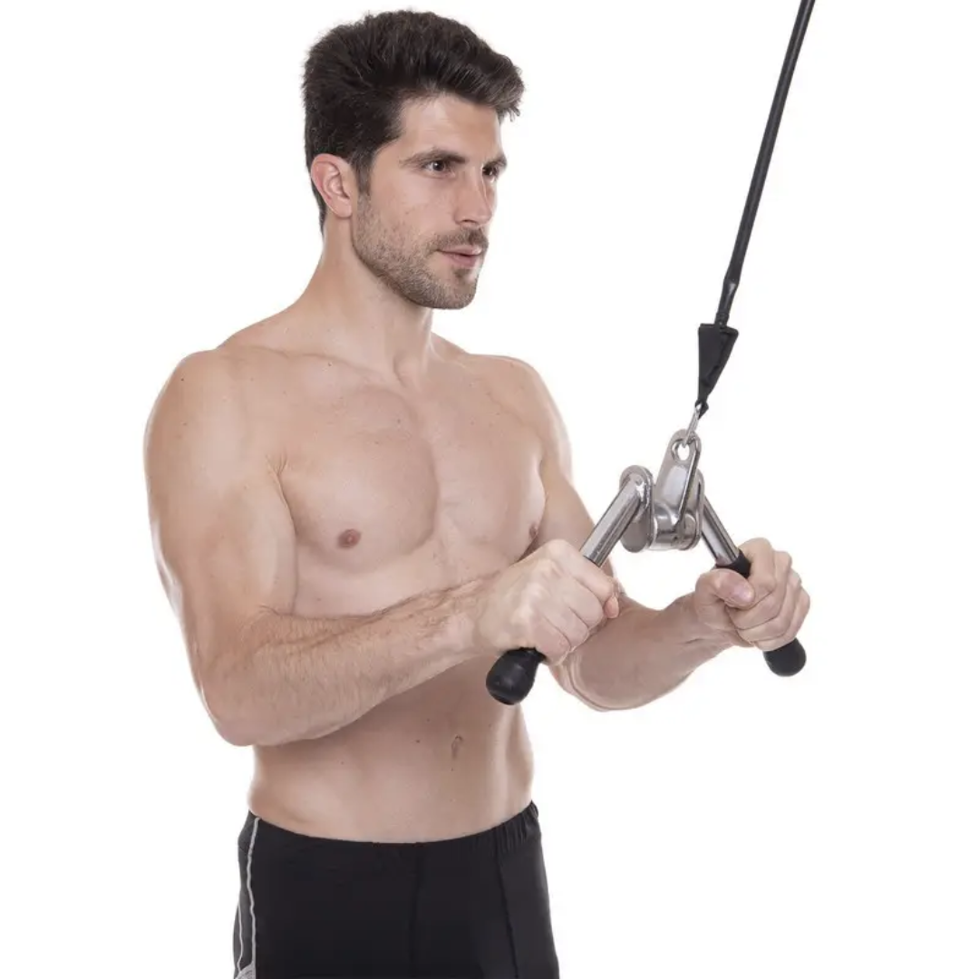 Ручка для верхньої тяги York Fitness V-подібна на трицепс з обертовим підвісом та гумовими рукоятками, хром — мініатюра 10