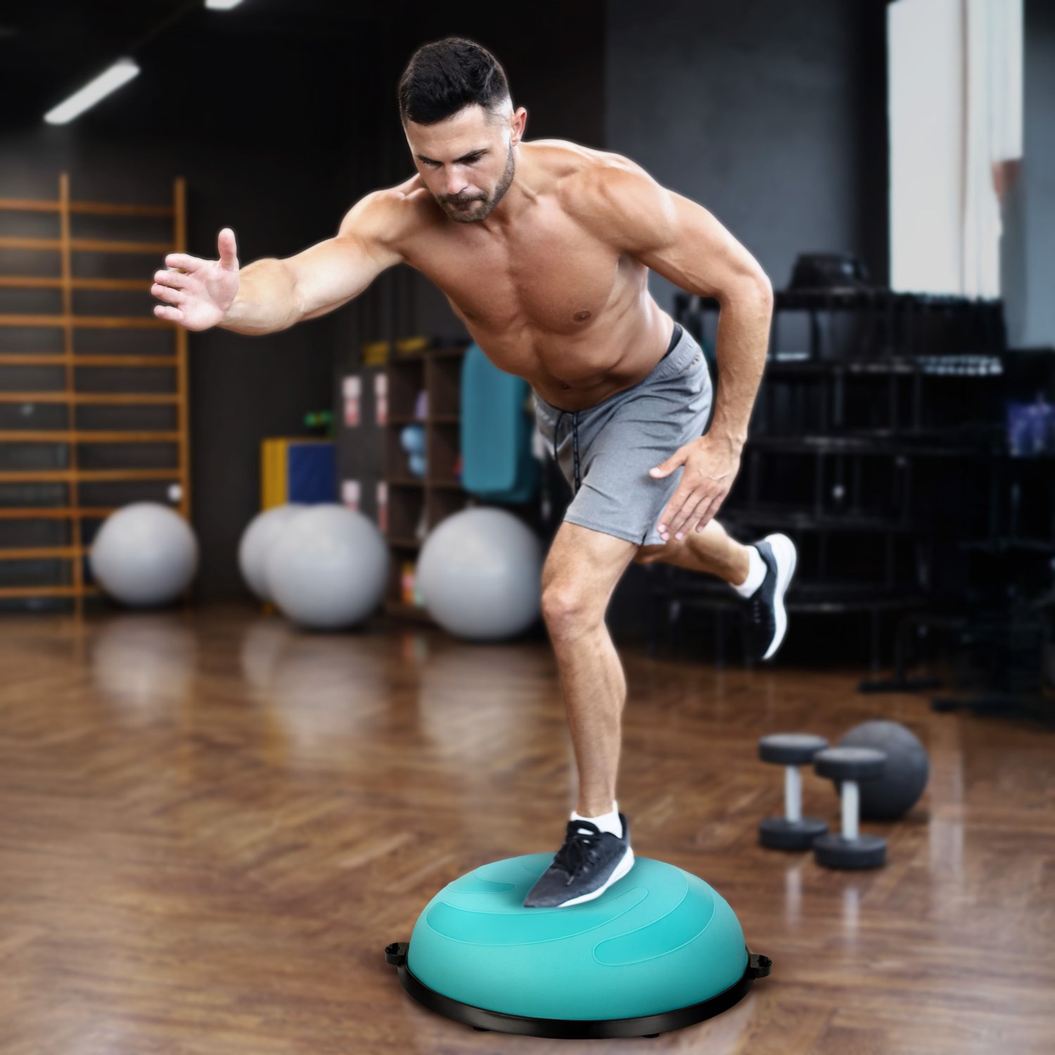 Балансувальна півсфера Gymtek Flex Core Half Ball 58см з еспандерами + насос блакитний — мініатюра 6